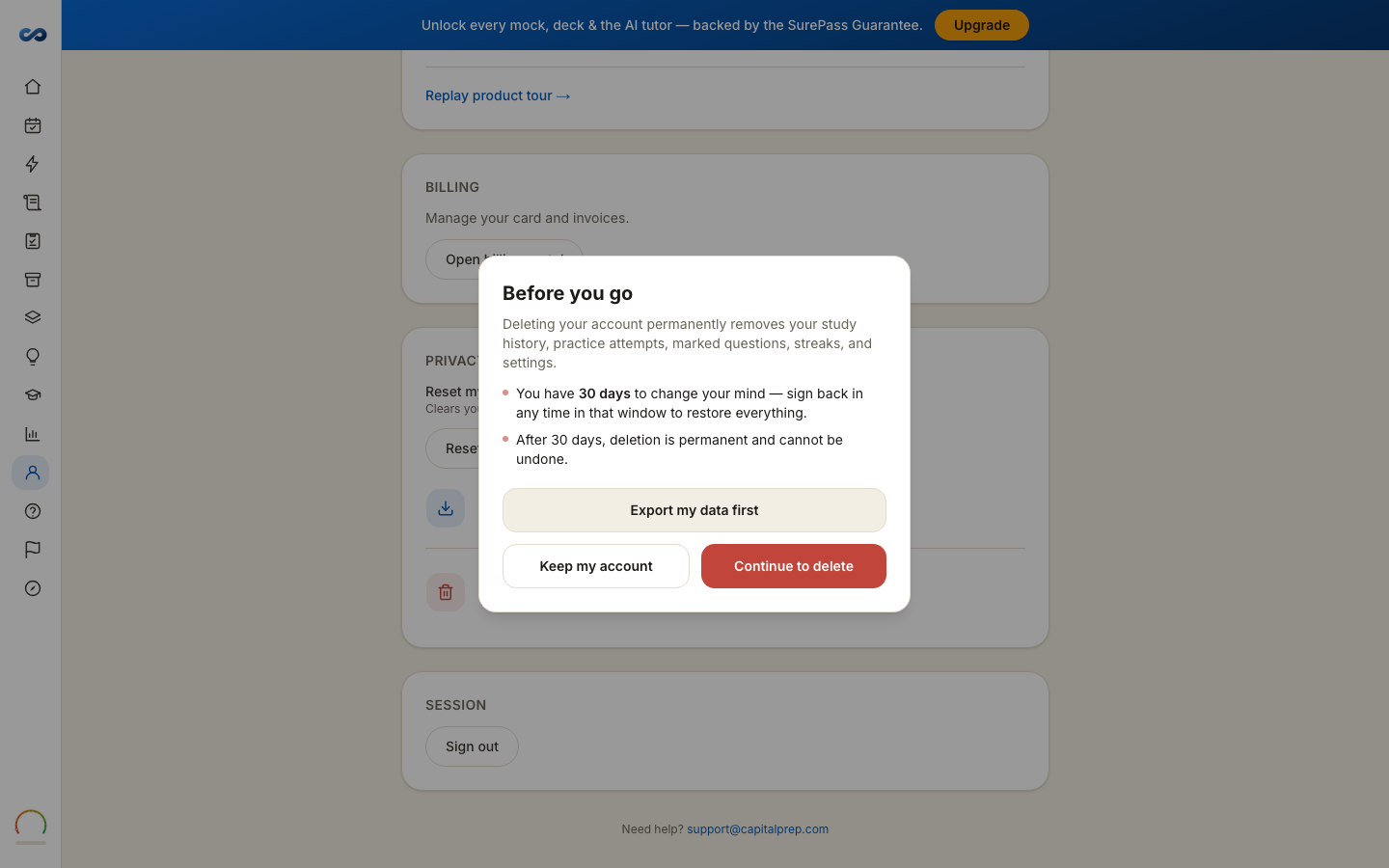 Deleting your account, and exporting your data — on a laptop