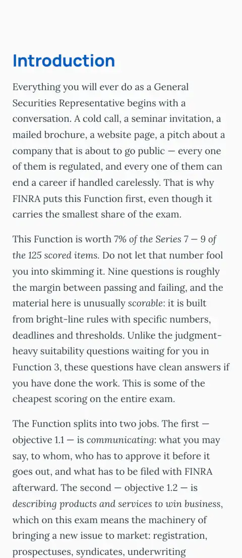 FINRA Series 7 study guide in the phone reader