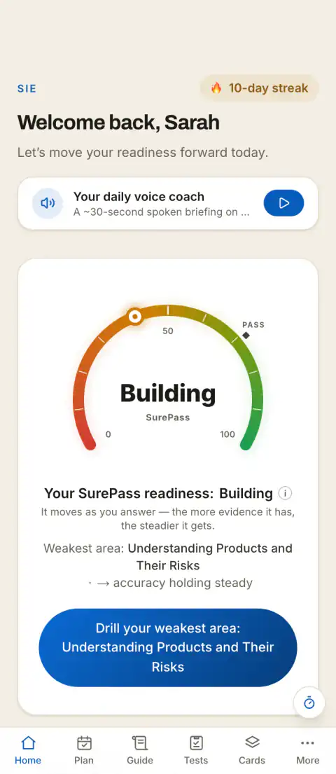SurePass readiness — FINRA SIE, on a phone