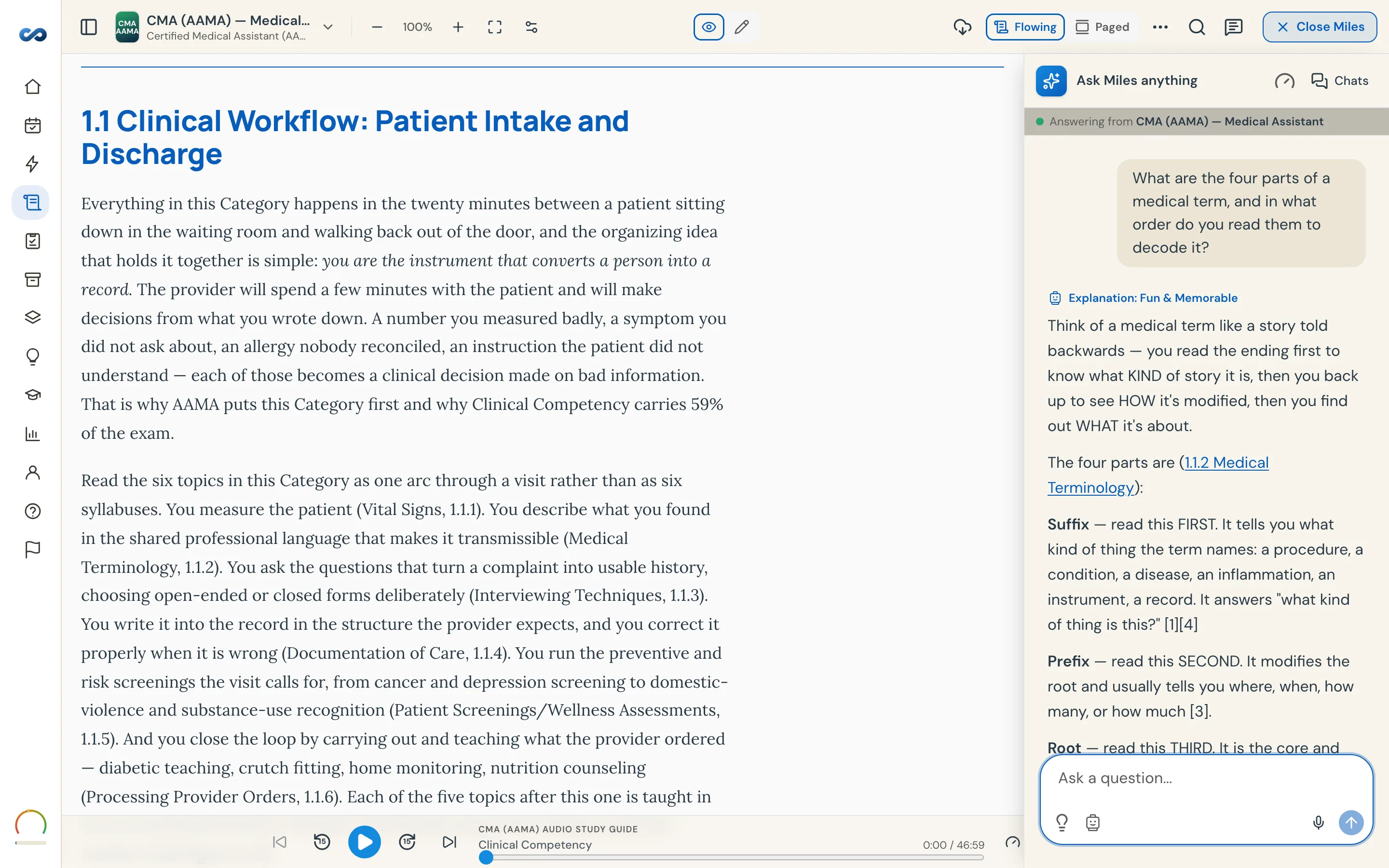 Miles, your AI tutor — CMA (AAMA), on desktop