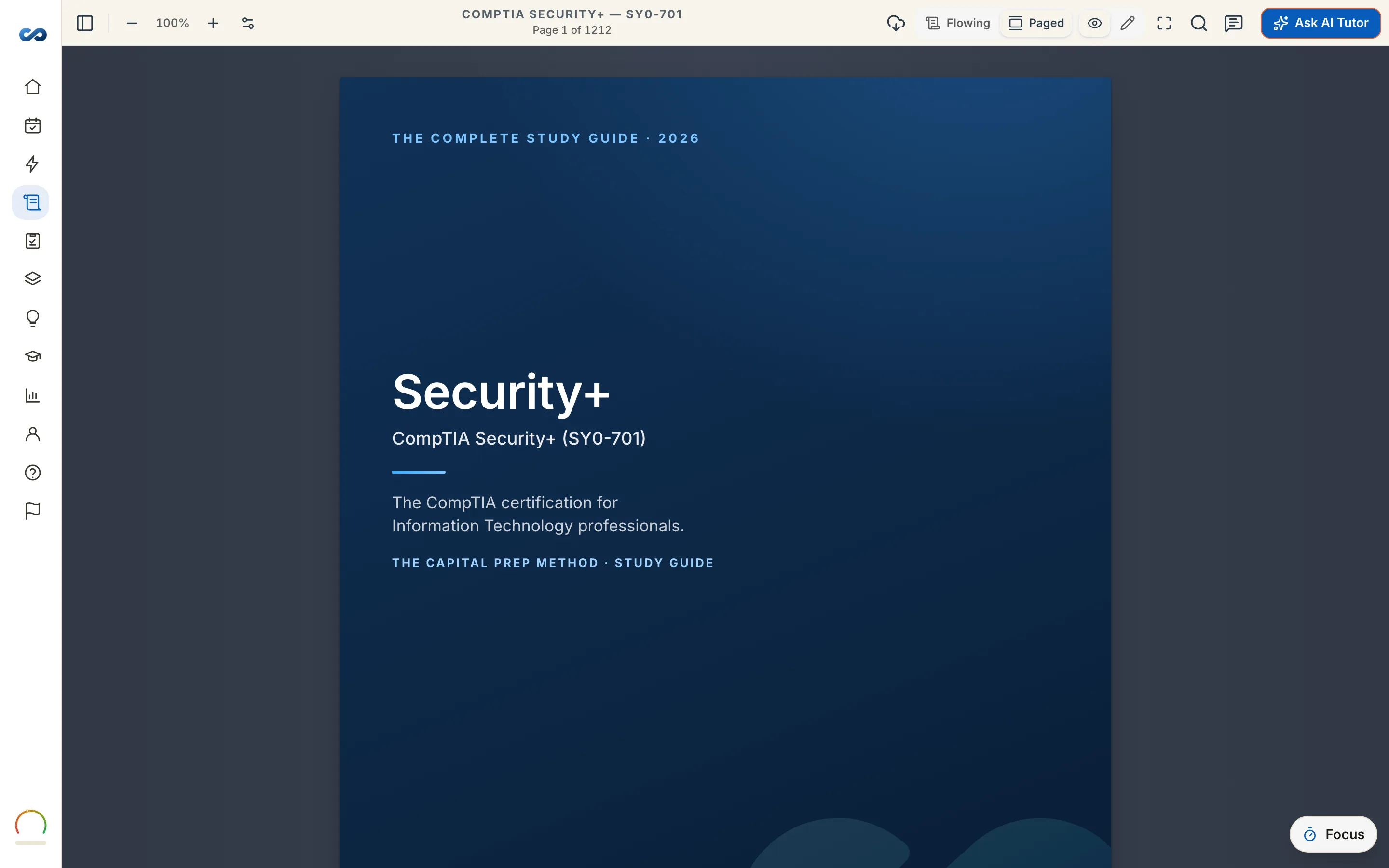 The Security+ study guide open in the reader, with a highlight