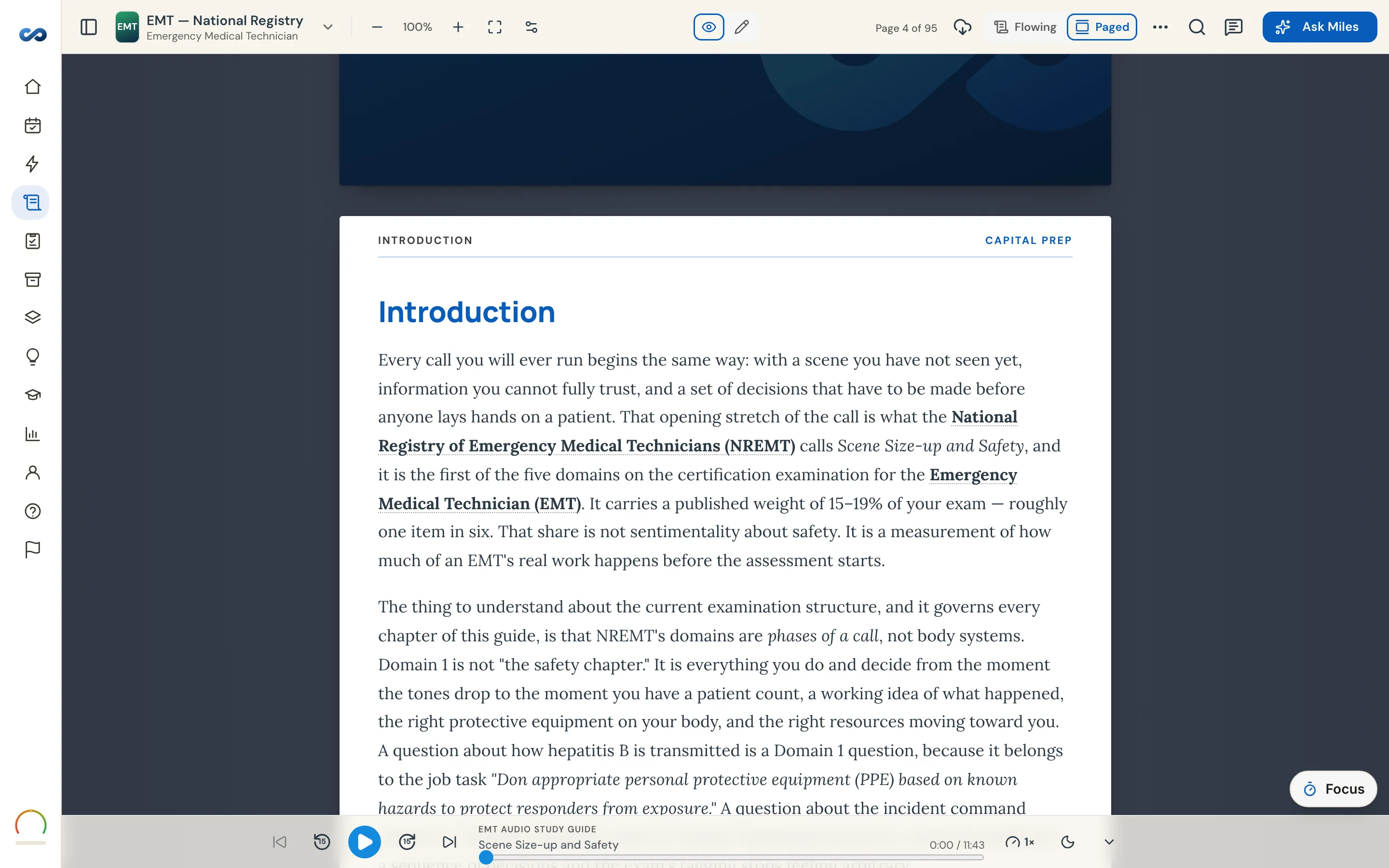 The EMT study guide open in the reader, with a highlight