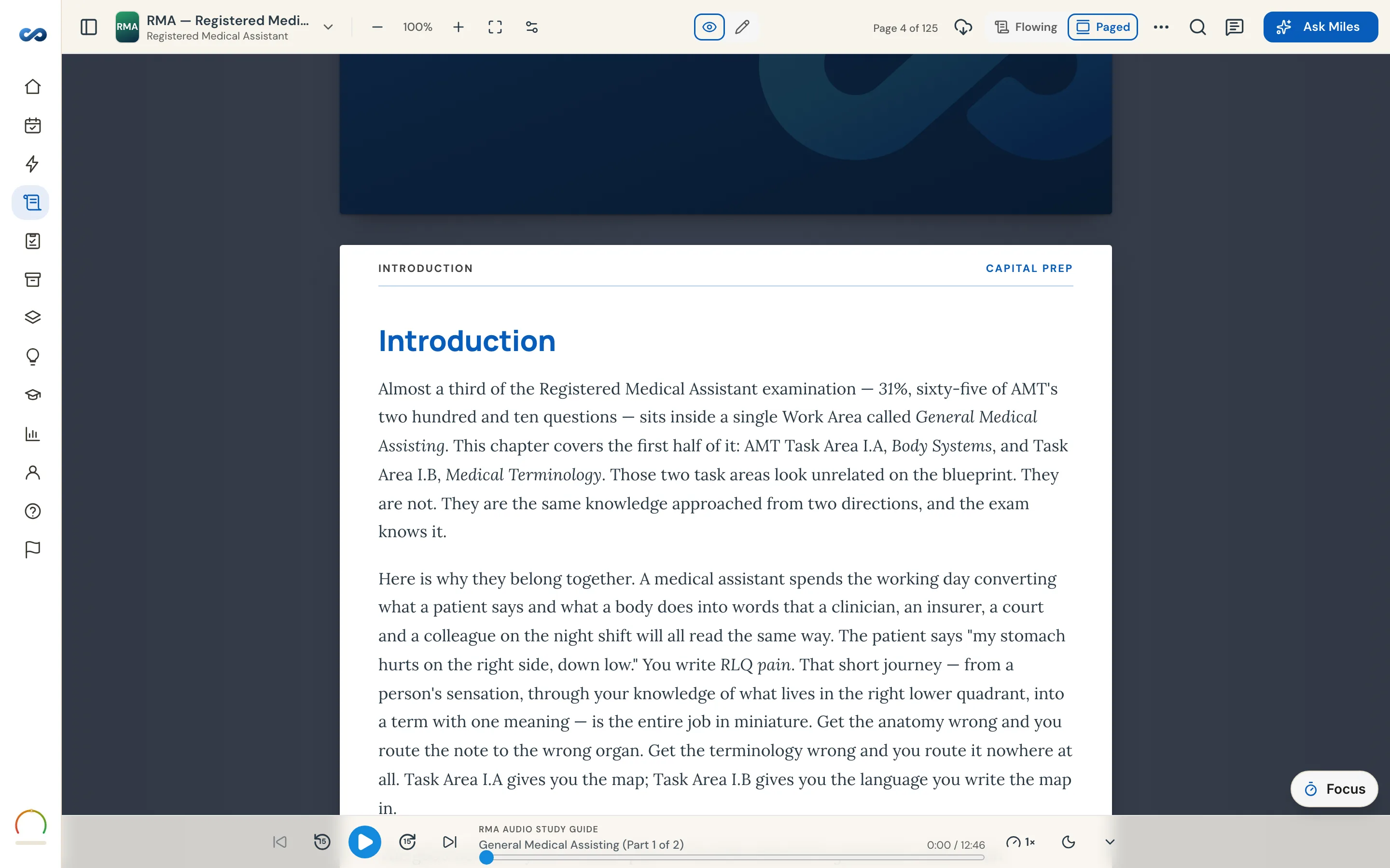 The RMA study guide open in the reader, with a highlight