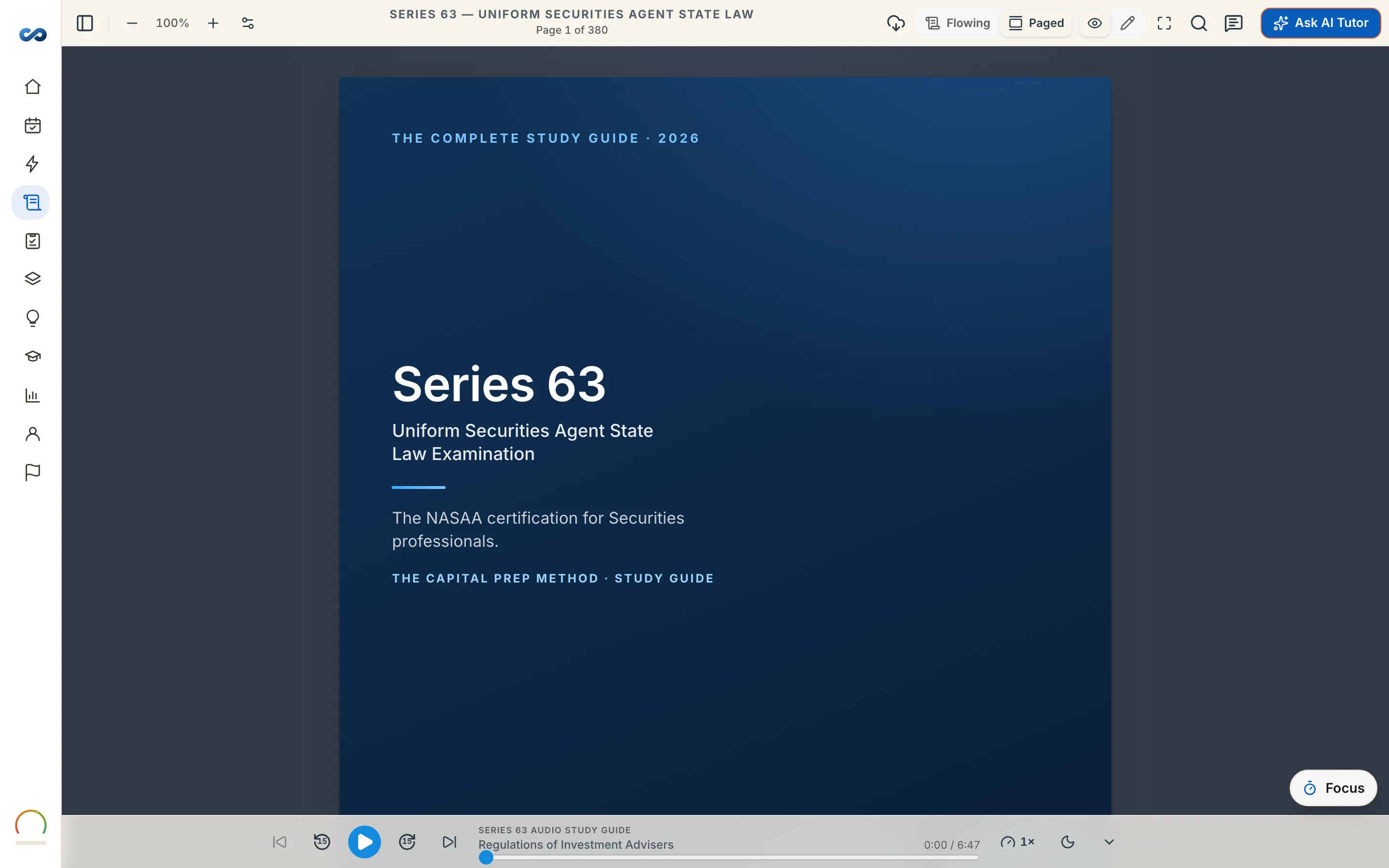The Series 63 study guide open in the reader, with a highlight