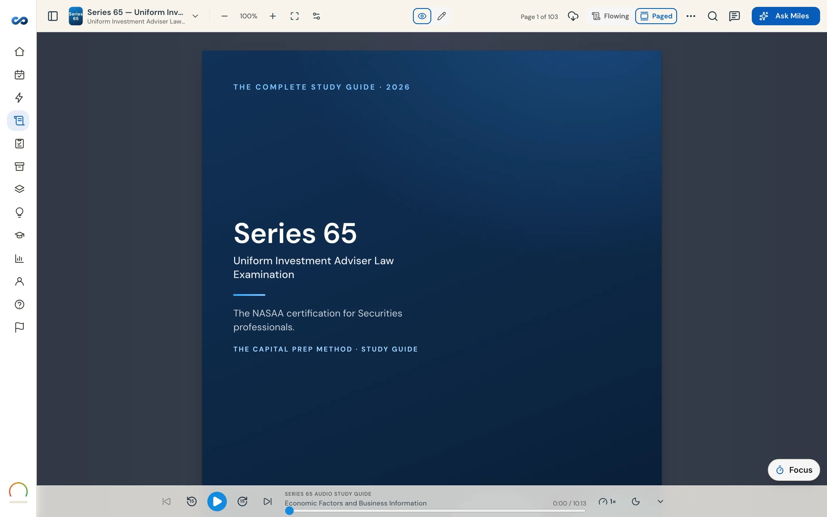 The Series 65 study guide open in the reader, with a highlight