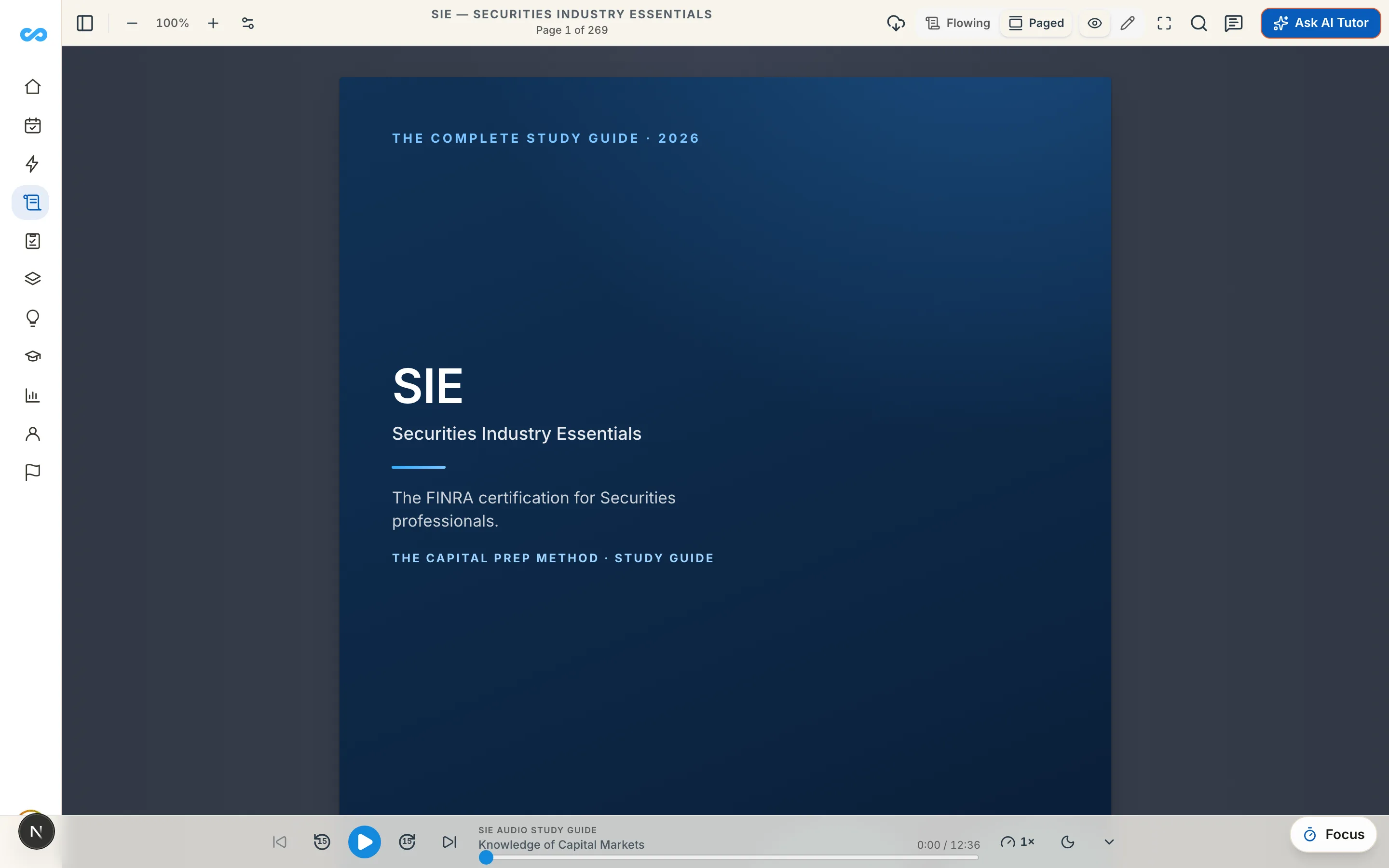 The SIE study guide open in the reader, with a highlight